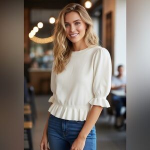 PAIGE Ivory Ruffle Knit Top Sabelina Merino Wool
Blend Sweater SZ M